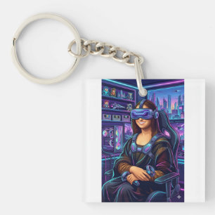 Gamer Mona Lisa VR Headset Funny Cyberpunk Art Pri Key Ring