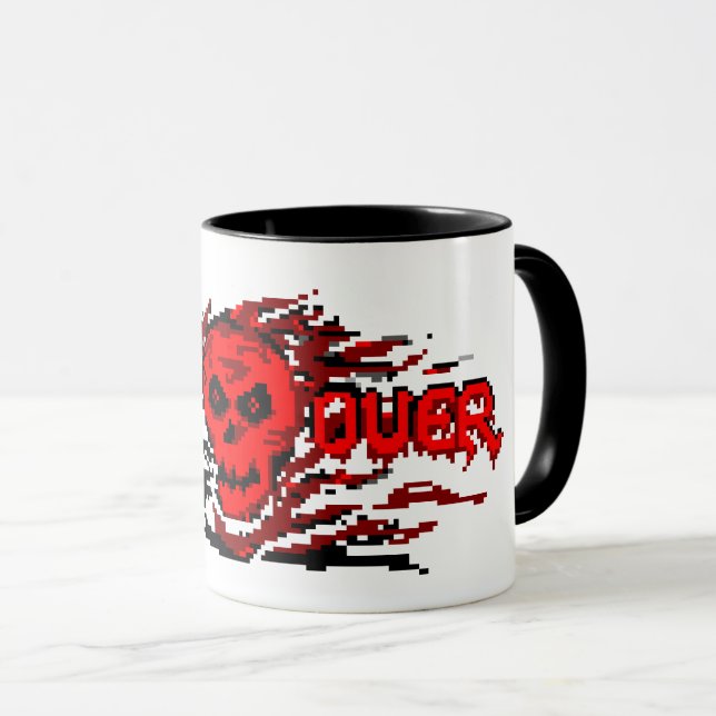 Gamer Mug - Retro 8-Bit Flaming Skull - GAME OVER (Front Right)