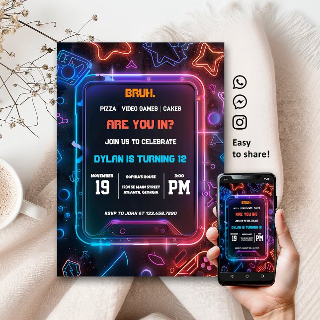 Gamer Neon Birthday Party Digital Invitation (Creator Uploaded)