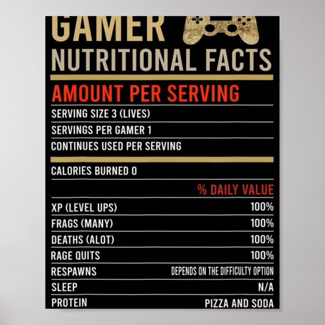 Gamer Nutritional Facts Cool Gamer Video Game Fun  Poster (Front)