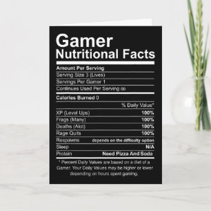 Gamer Nutritional Facts Cool Gamer Video Game Funn Card