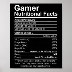Gamer Nutritional Facts Cool Gamer Video Game Funn Poster
