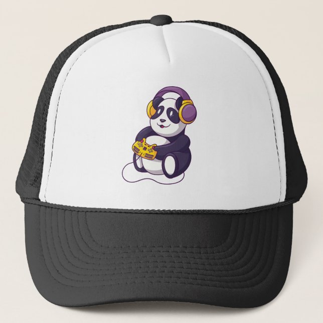 Gamer Panda Playing Videogames Trucker Hat (Front)