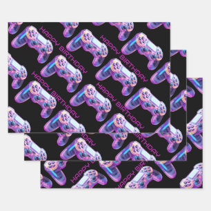 Gamer party game controller pink happy birthday wrapping paper sheet
