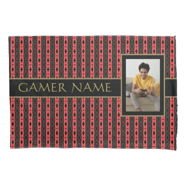 Gamer Party Name & Photo Red/Black Lumbar Pillow Pillowcase (Front)