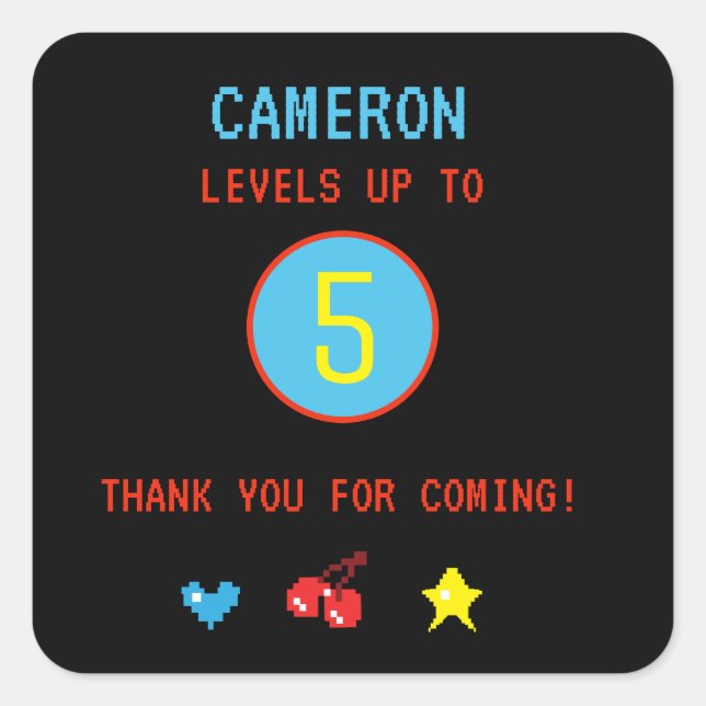 Gamer personalised 5th birthday party square sticker (Front)