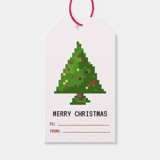 Gamer Pixel 8Bit Christmas Tree Holiday Gift Tag (Front)