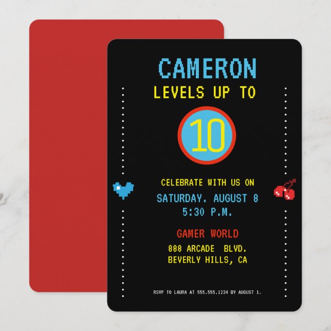 Gamer Pixel Arcade level up 10th birthday Invitation (Front/Back)