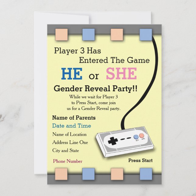 Gamer Player 3 Baby Shower Gender Reveal Invite (Front)