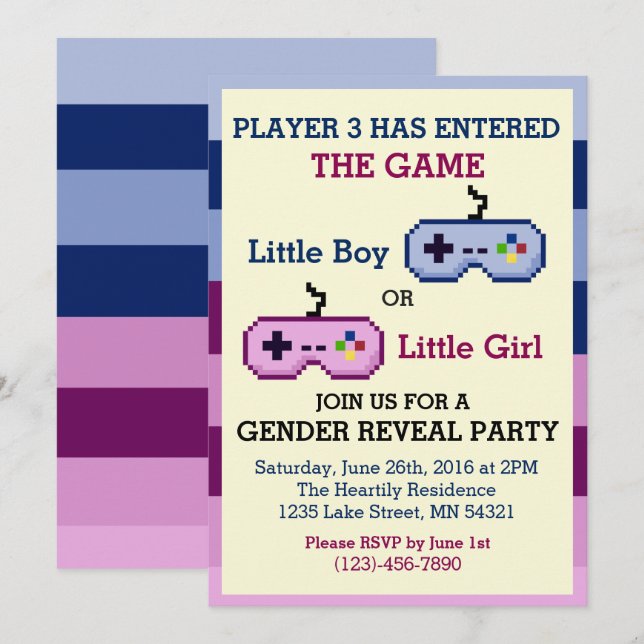 Gamer Player 3 Gender Reveal Baby Shower Invite (Front/Back)