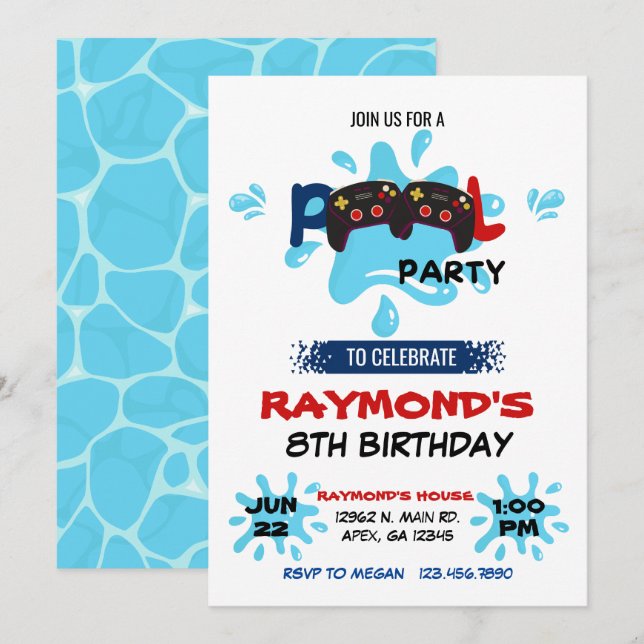 Gamer Pool Party Birthday  Invitation (Front/Back)