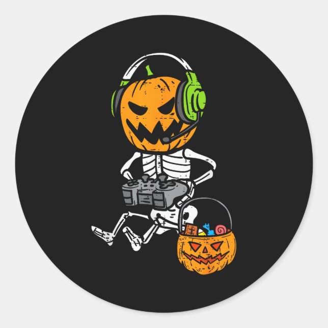 Gamer Pumpkin Skeleton Funny Halloween Gaming Boys Classic Round Sticker (Front)