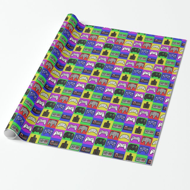 Gamer Rainbow Retro Pixel Controller Pattern Wrapping Paper (Unrolled)