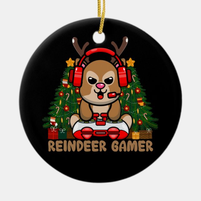 Gamer Reindeer Christmas Video Game Gaming Ceramic Tree Decoration (Front)