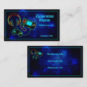 Gamer Retro Neon Blue Business Card