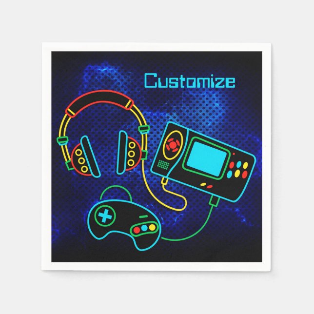 Gamer Retro Neon Blue Napkin (Front)
