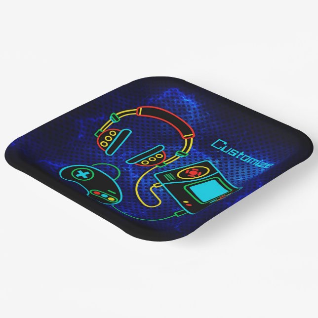 Gamer Retro Neon Blue Paper Plate (Angled)