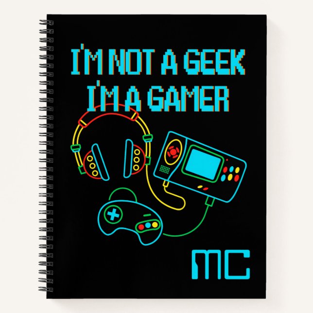 Gamer Retro Neon Monogrammed  Notebook (Front)
