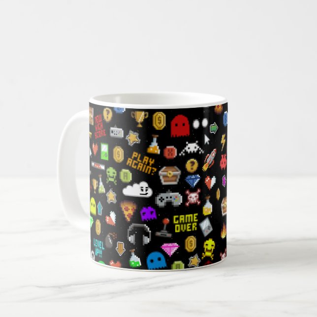 Gamer Retro Pixel Video Gaming Icons Coffee Mug (Front Left)