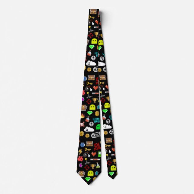 Gamer Retro Pixel Video Gaming Icons Tie (Front)