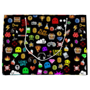 Gamer Retro Pixel Video Gaming Icons Wrapping Pape Large Gift Bag