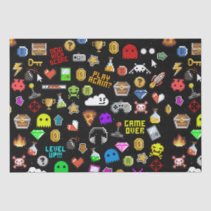 Gamer Retro Pixel Video Gaming Icons Wrapping Pape Tissue Paper