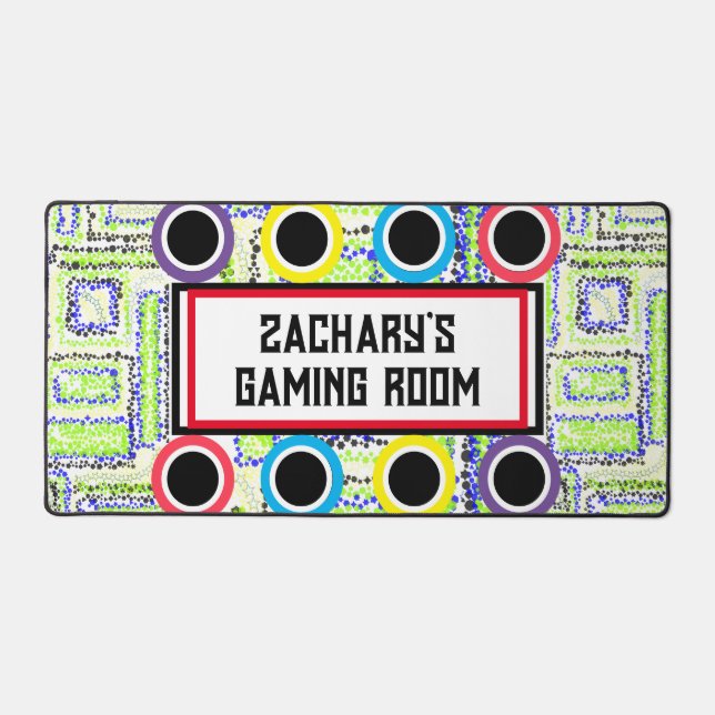 Gamer Room Geometric Green Blue Circles Stars Desk Mat (Front)