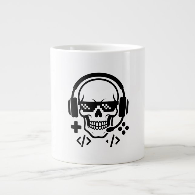 Gamer Skull Headset Pixel Glasses | Bold Black Vec Large Coffee Mug (Front)
