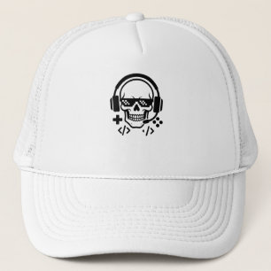 Gamer Skull Headset Pixel Glasses   Bold Black Vec Trucker Hat