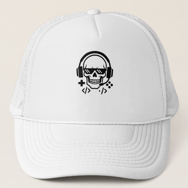 Gamer Skull Headset Pixel Glasses | Bold Black Vec Trucker Hat (Front)