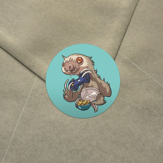 Gamer Sloth Eating Nachos in Underpants Cartoon Classic Round Sticker (Creator Uploaded)