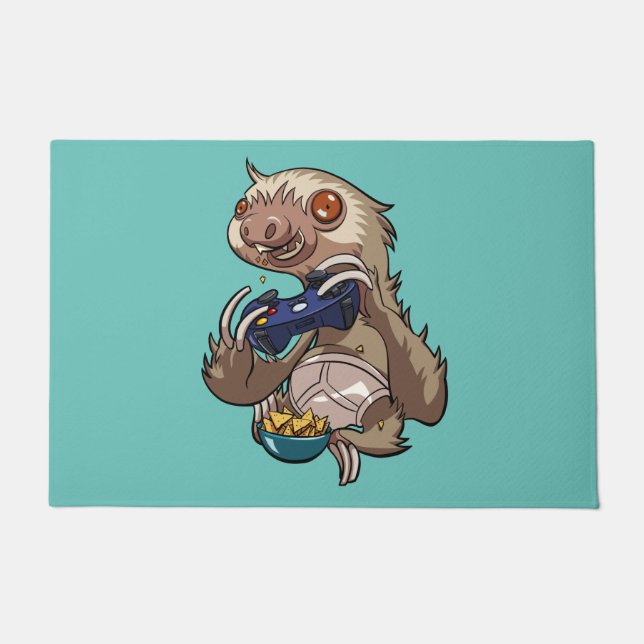 Gamer Sloth Eating Nachos in Underpants Cartoon Doormat (Front)