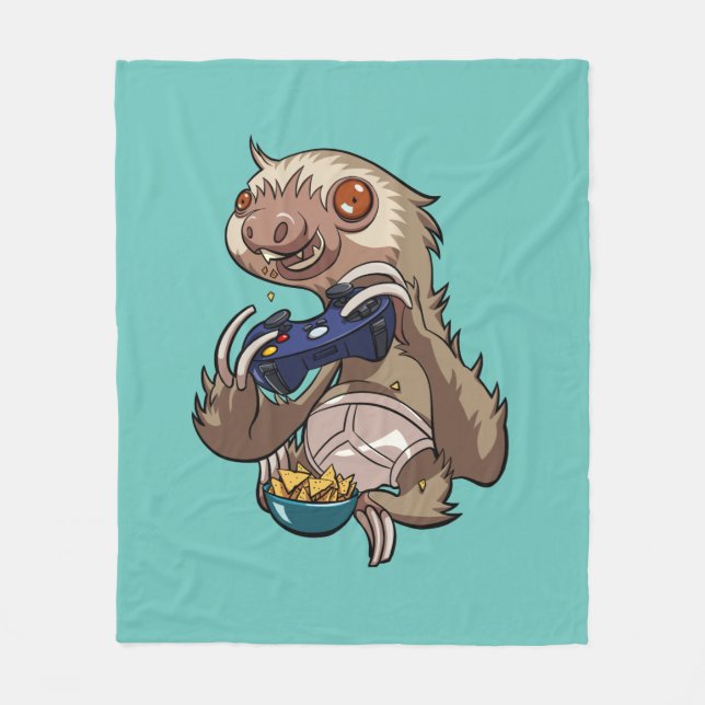 Gamer Sloth Eating Nachos in Underpants Cartoon Fleece Blanket (Front)