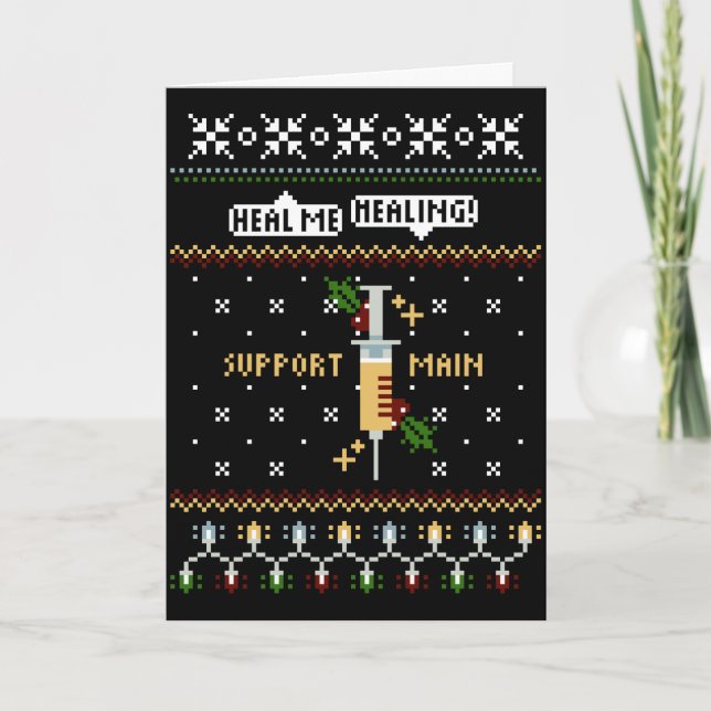 Gamer Support Main Pixel Art Syringe Christmas Holiday Card (Front)