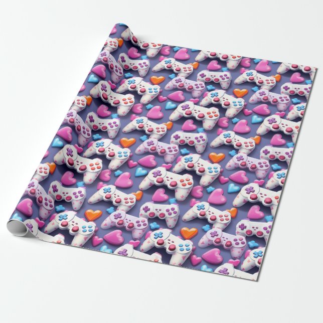 Gamer Valentine's Day Wrapping Paper (Unrolled)