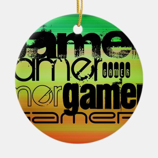Gamer; Vibrant Green, Orange, & Yellow Ceramic Tree Decoration (Front)