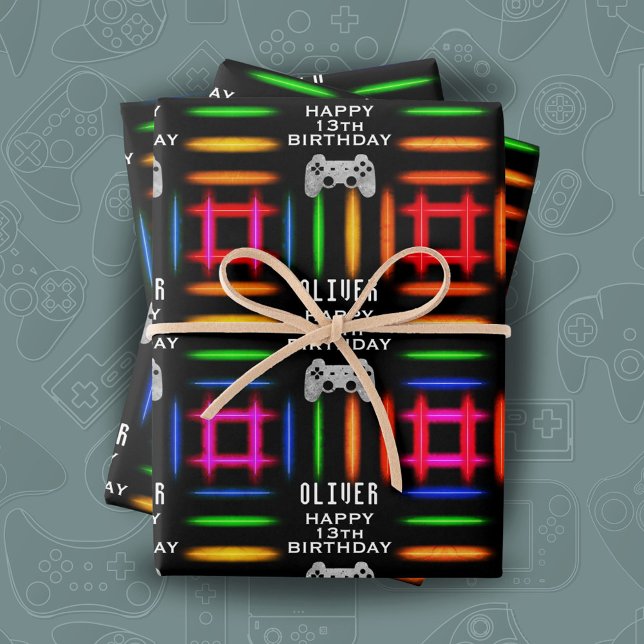 Gamer Video Game Controller Neon Birthday Party Wrapping Paper Sheet (Creator Uploaded)