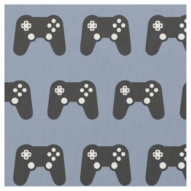 Gamer Video Game Controller Pattern Blue Grey Fabric (Close Up)