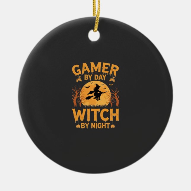 Gamer Witch Halloween Gaming Design Ceramic Tree Decoration (Front)