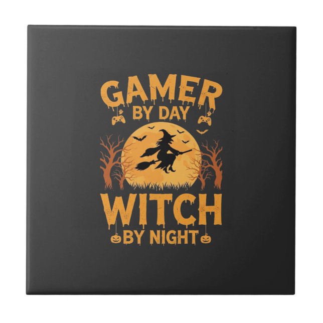 Gamer Witch Halloween Gaming Design Tile (Front)