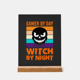 Gamer Witch Halloween Retro Skull Acrylic Sign