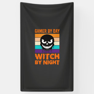 Gamer Witch Halloween Retro Skull Banner