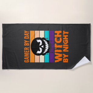 Gamer Witch Halloween Retro Skull Beach Towel