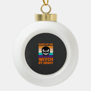 Gamer Witch Halloween Retro Skull Ceramic Ball Christmas Ornament