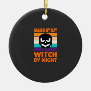 Gamer Witch Halloween Retro Skull Ceramic Tree Decoration
