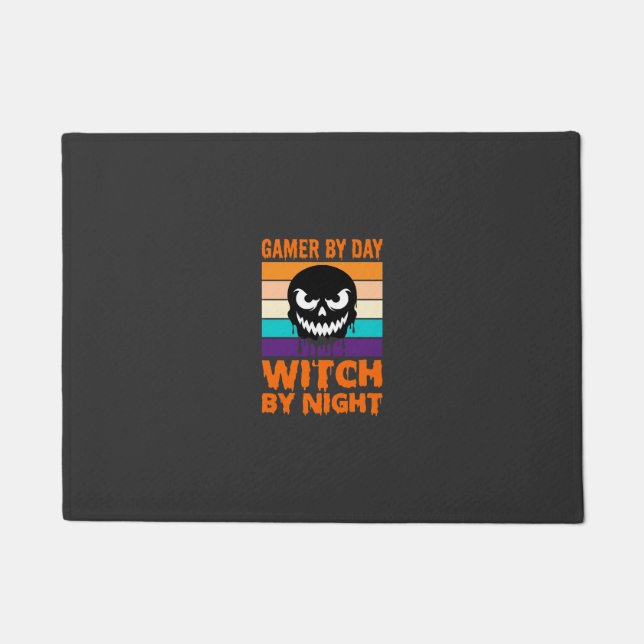 Gamer Witch Halloween Retro Skull Doormat (Front)