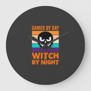 Gamer Witch Halloween Retro Skull Large Clock