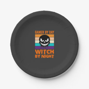 Gamer Witch Halloween Retro Skull Paper Plate
