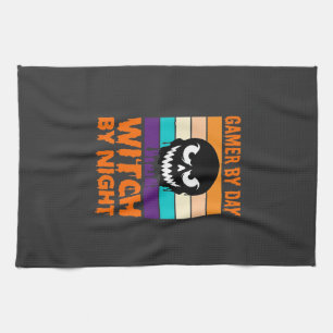Gamer Witch Halloween Retro Skull Tea Towel