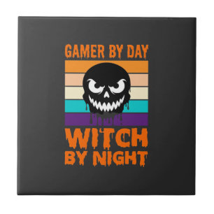 Gamer Witch Halloween Retro Skull Tile